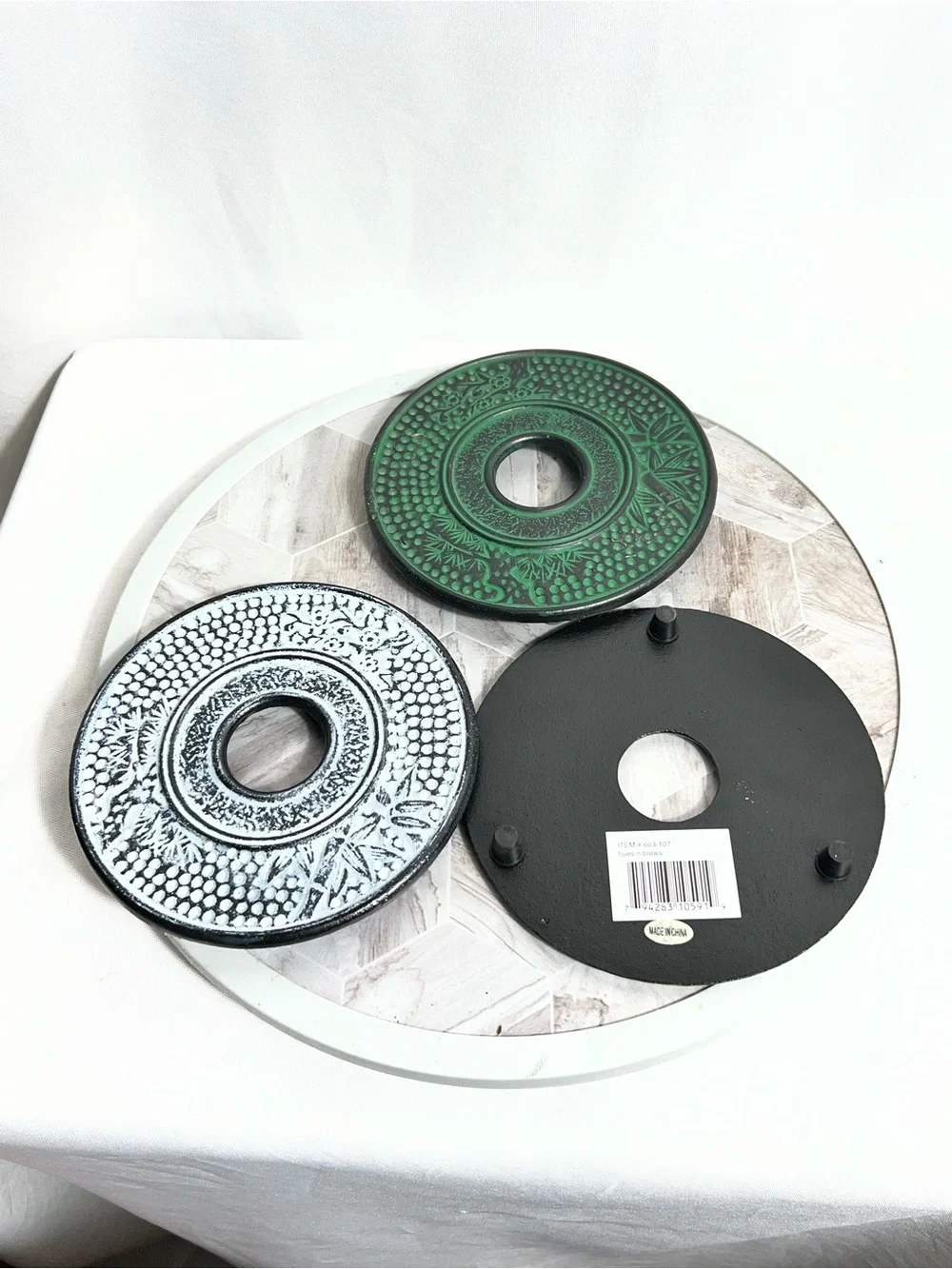 Set of 3 Cast Iron Trivets Round Green White Bronze Decorative 6 Inch